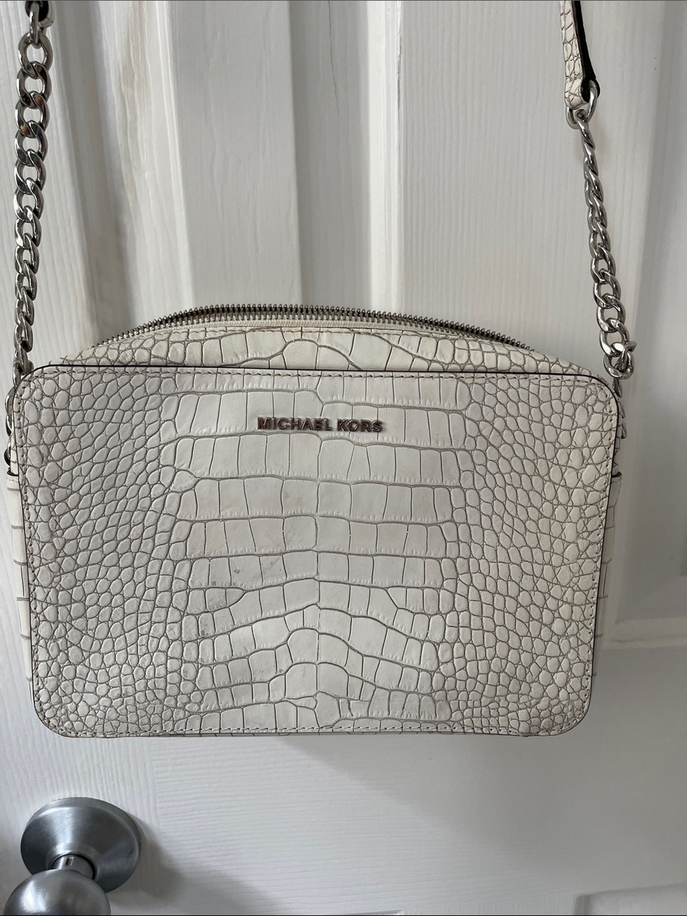 Michael Kors White Croc-Embossed Chain Crossbody
